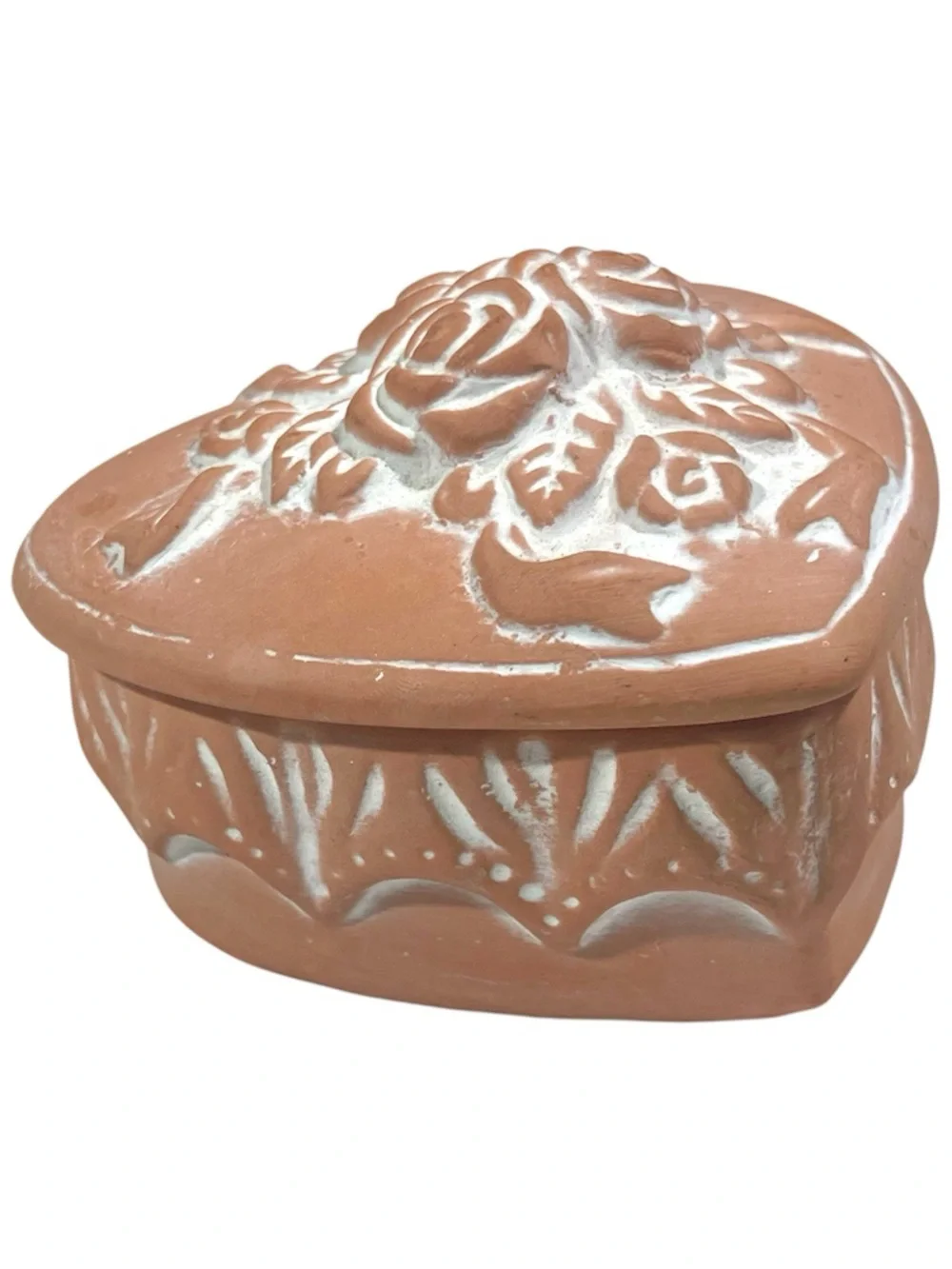 Vintage Terracotta Heart Trinket Box With Floral Rose Lid